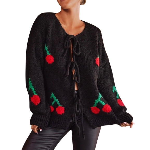Kaondbfi Women's Cardigan, Cozy Knitwear for Fall and Winter Tied Cherry Round Neck Long Sleeve Cardigan Winter Clothing for Women