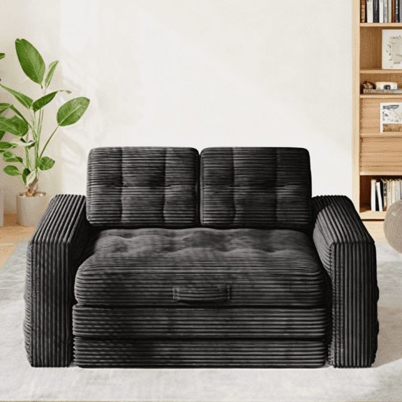SOBREMESA 56" Boneless Sofa Bed Convertible, Corduroy Loveseat Sleeper with 2 Pillows, Pull Out Futon Couch for Studio Apartment & Dorm, No Assembly Required, Grey