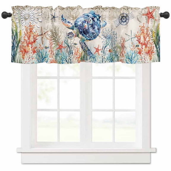 Coastal Sea Turtle Valances for Windows Farmhouse Kitchen Curtains Valances Rod Pocket Valance Curtains for Kitchen Windows Rustic Vintage Nautical Starfish Coral Window Valances for Bathroom 42"x18"