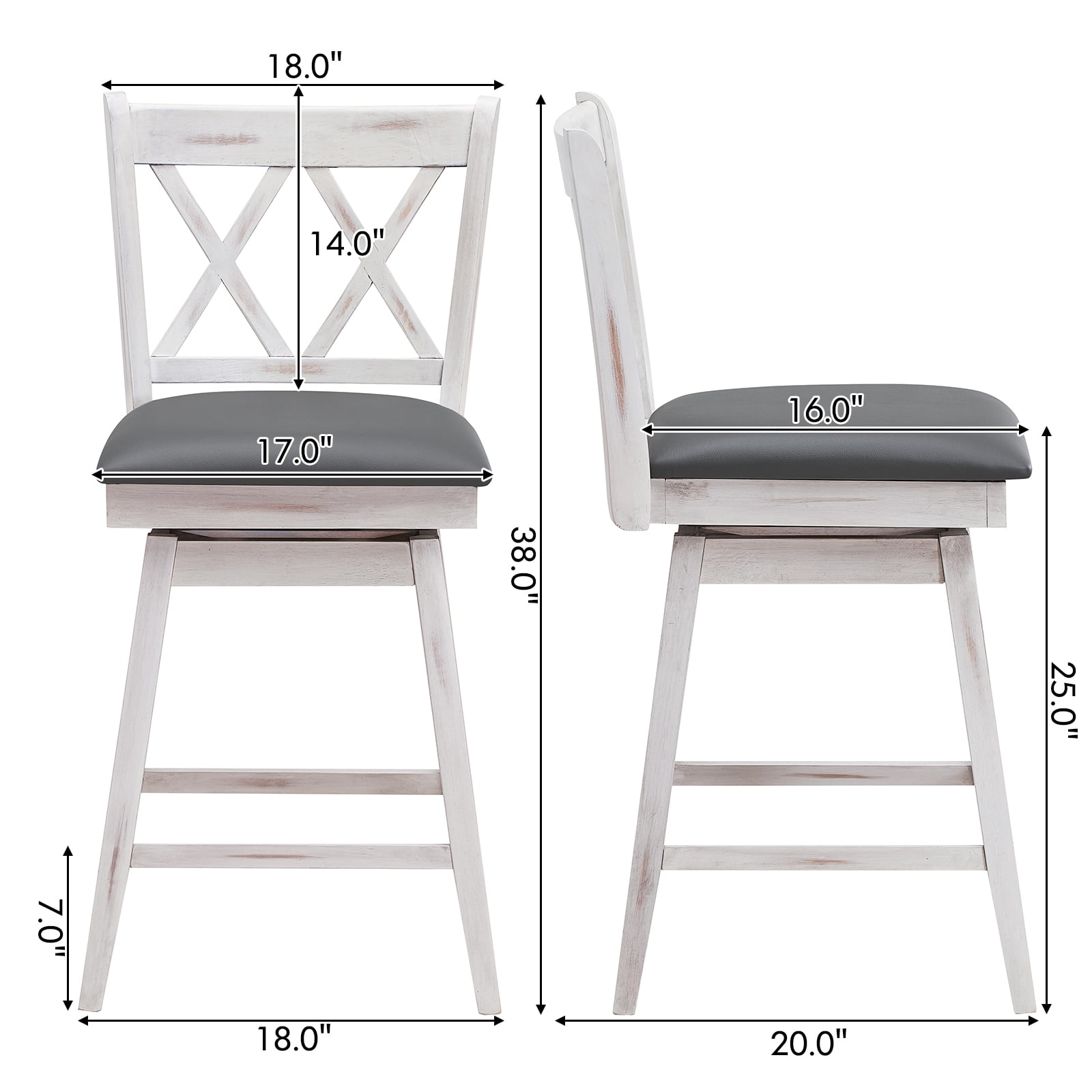 Costway 24" Bar Stools Set of 2 with Ergonomic Backrest Rubber Wood Legs Swivel Height Chairs Antique White, Gray