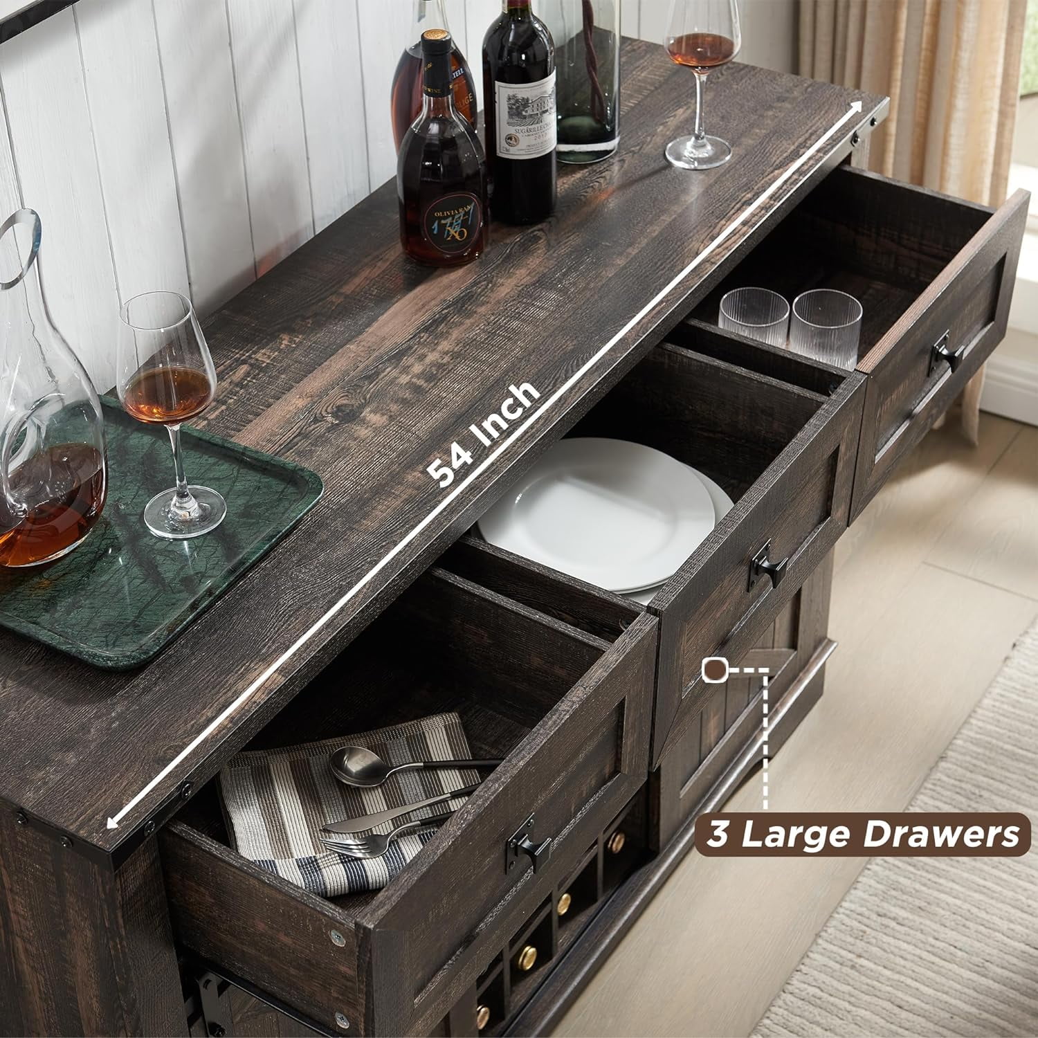 Dark Brown Kitchen Island Sideboards Buffets Coffee Bar Cabinet w/ Wine Racks (33.86 in. W x 14.17 in. D x 34.84 in. H)