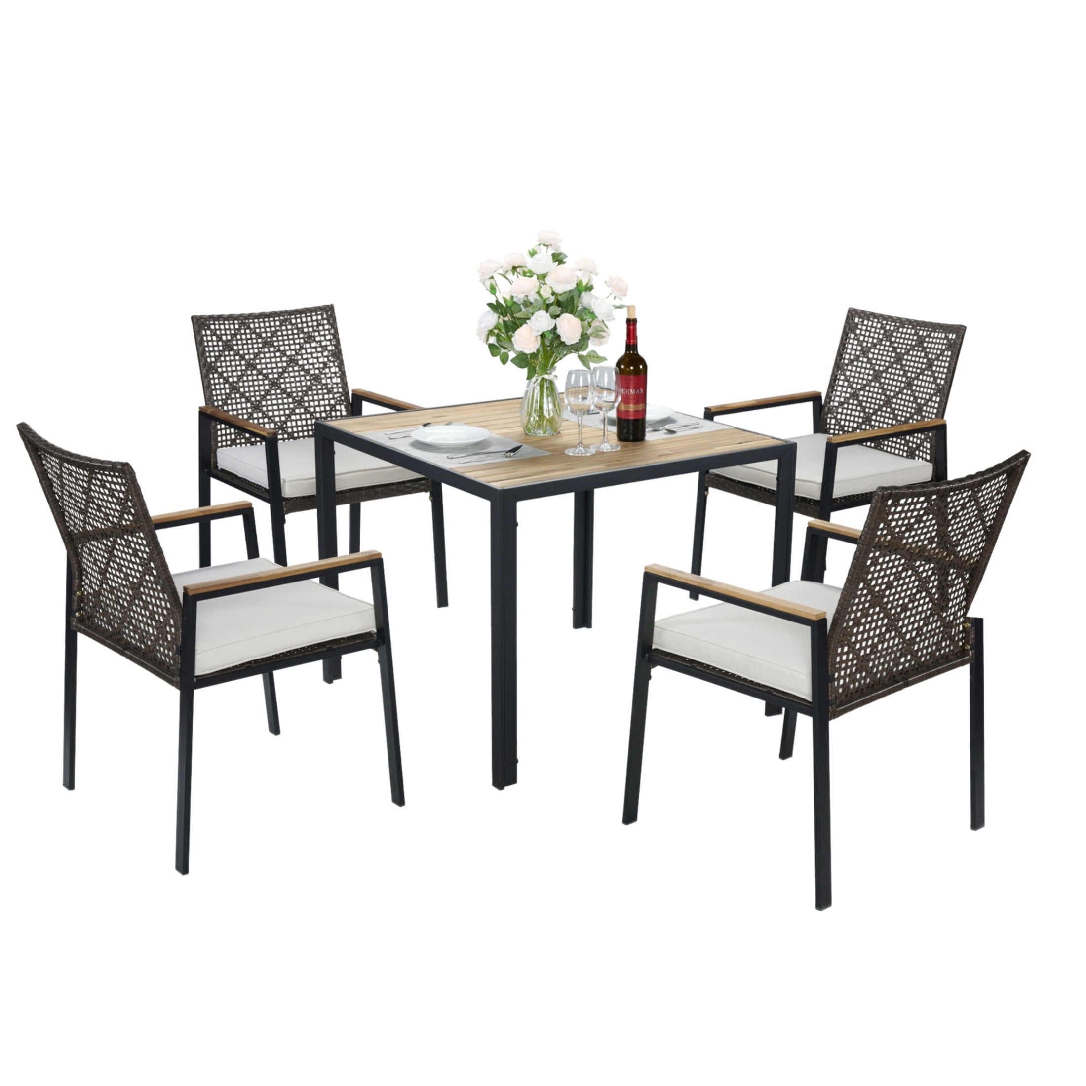Noble House 5-Piece Outdoor Patio Dining Set, Acacia Wood & Rattan Conversation Set with Umbrella Hole, Dark Brown