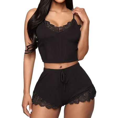 

Felwors Womens Casual Comfortable V-neck Lace Camisole Slim Top Sleeveless Pajama Shorts Home Sleepwear Set XL Black