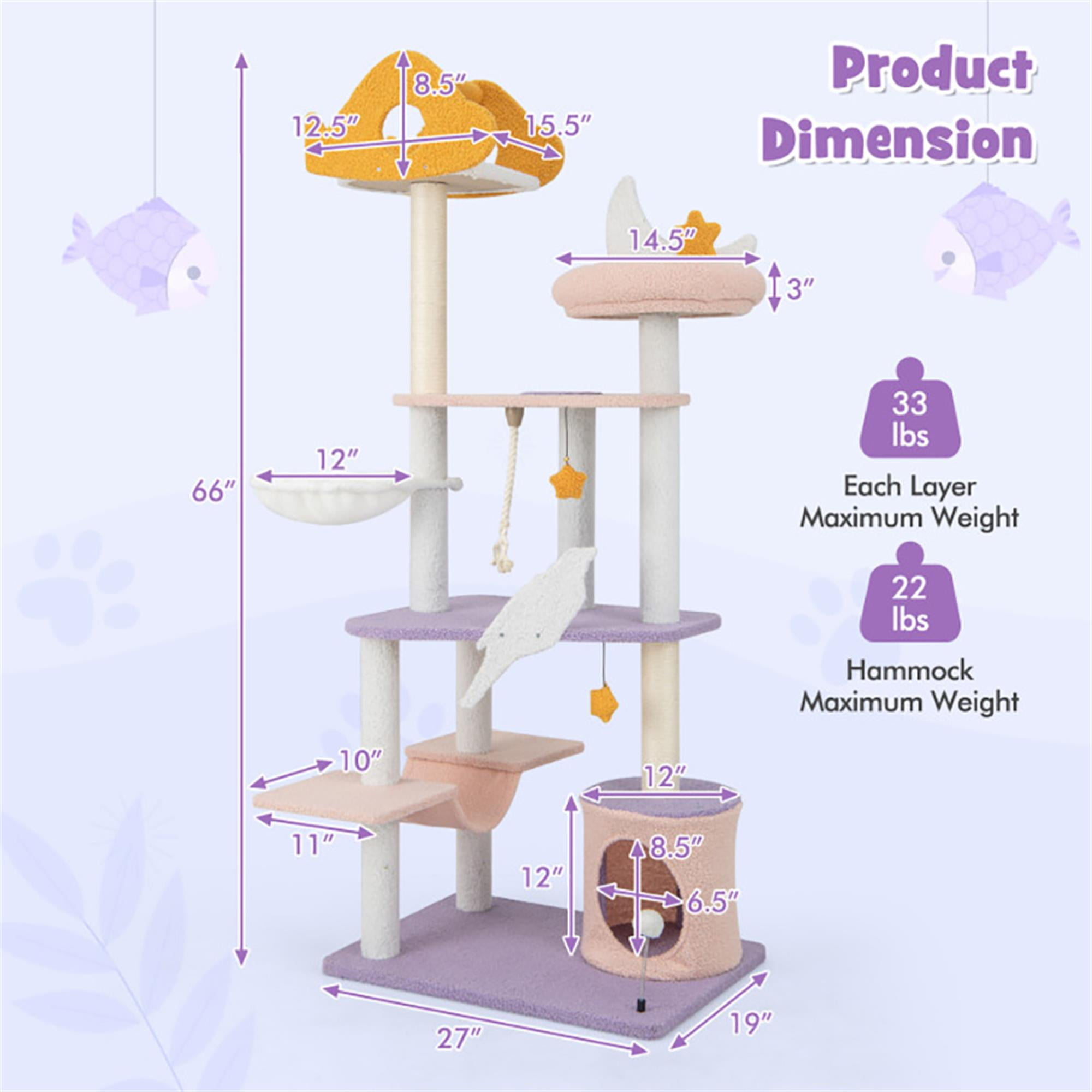 Kadyn 66" Cute Cat Tree Tower for Indoor Cats, Moon and Star Cat Condo with Sisal Scratching Posts, Plush Perches, Kitten Cat Tree Tower Activity Center, Purple