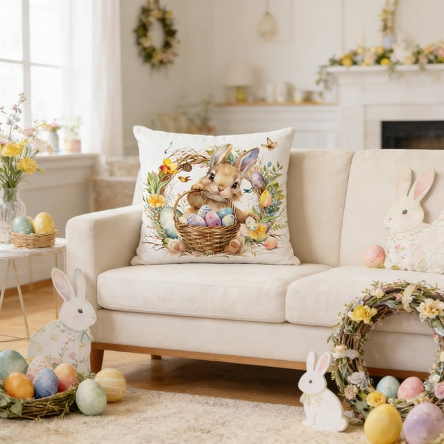 Dvkptbk Easter Rabbits Bedding Throw Pillows with Insert for Couch Sofa Bed Watercolor Flowers Eggs Cute Bunny easter decorations
