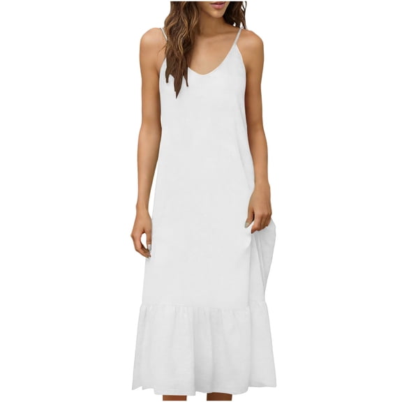 Dlentnea Women's Cotton Linen Maxi Dress Summer Casual Sleeveless Spaghetti Strap Beach Vacation Long Dresses