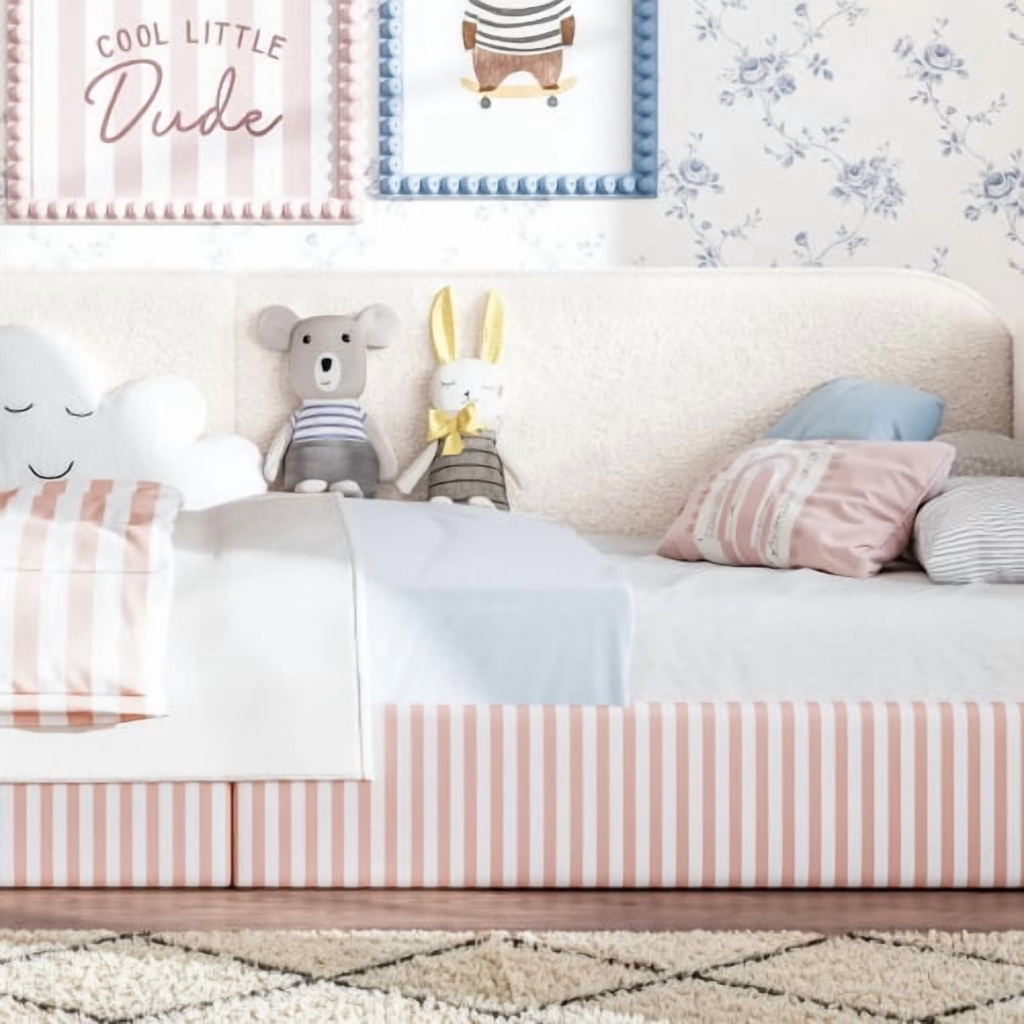 Twin Size Upholstered Teddy Fleece Floor Bed Frame, Half-Enclosed Montessori Low Profile Platform Bed with Full-Perimeter Guardrails for Kids, Beige
