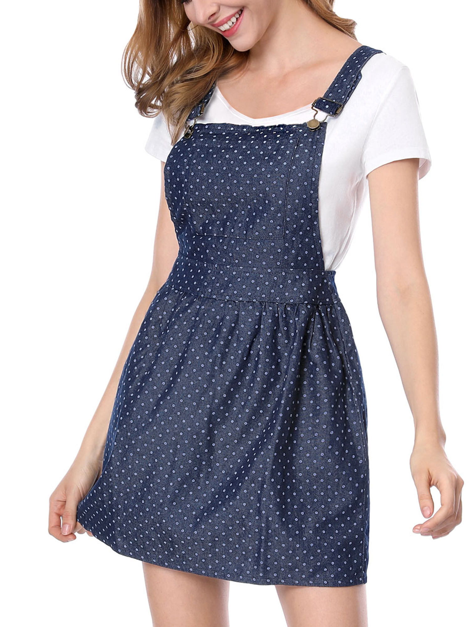 DARING DIVA Polka Dots Pattern Suspender Mini Overall Dress Skirt L Dark Blue-Dots