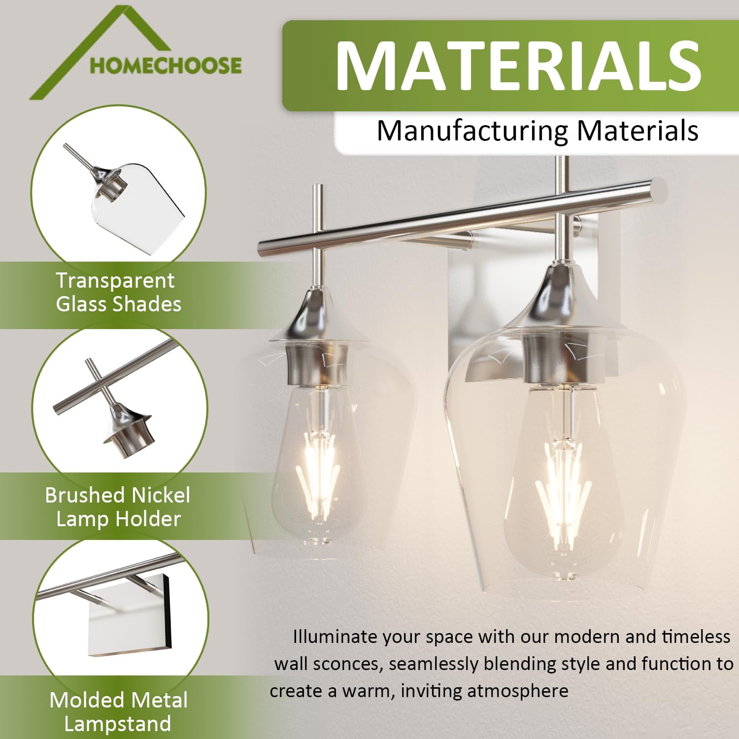 Homechoose Bathroom Light Fixtures,2-Light Bathroom Vanity Light Fixtures,Clear Glass Shade,Bathroom Lights Over Mirror,Brushed Nickel Vanity Lights for Bathroom,Wall Light Fixtures for Bathroom