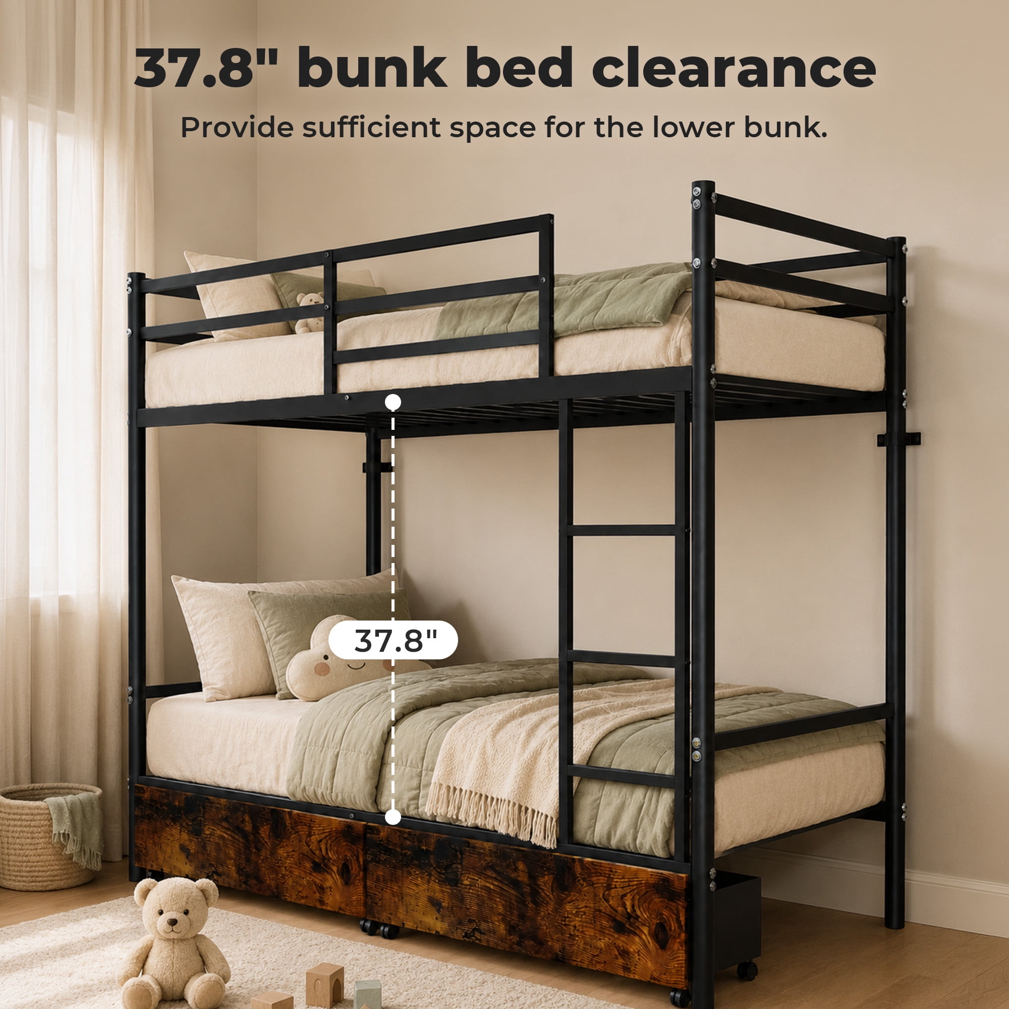 Alvantor Bunk Bed Twin over Twin for Kids, Metal Bunk Bed with Drawers Black