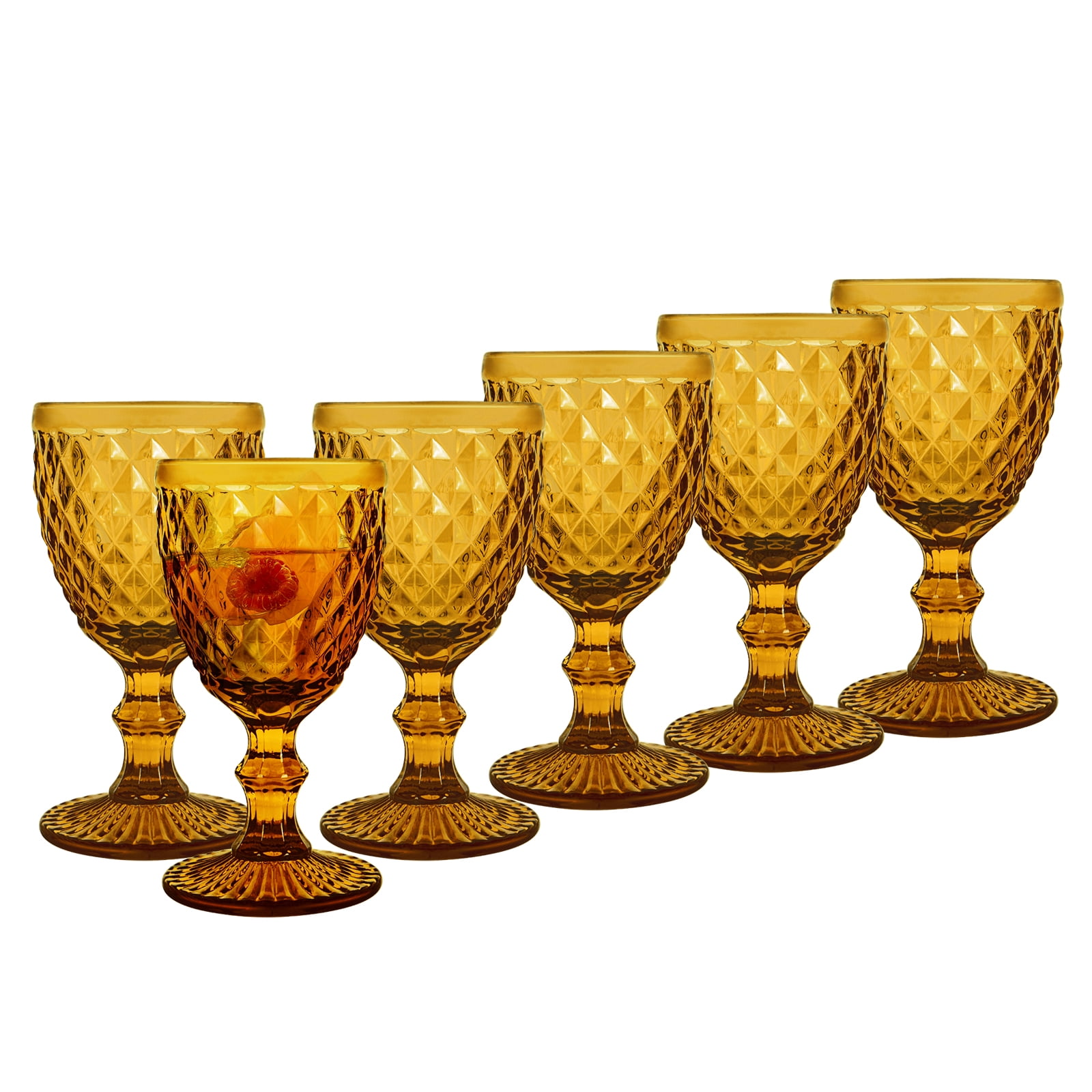 6pcs Glass Goblet Vintage, 8.5oz Stemware Wine Glass Sets, Drinking Glasses Retro Embossed Footed Glassware Wine Goblet for Iced Beverage Wine Cocktail（Blue）