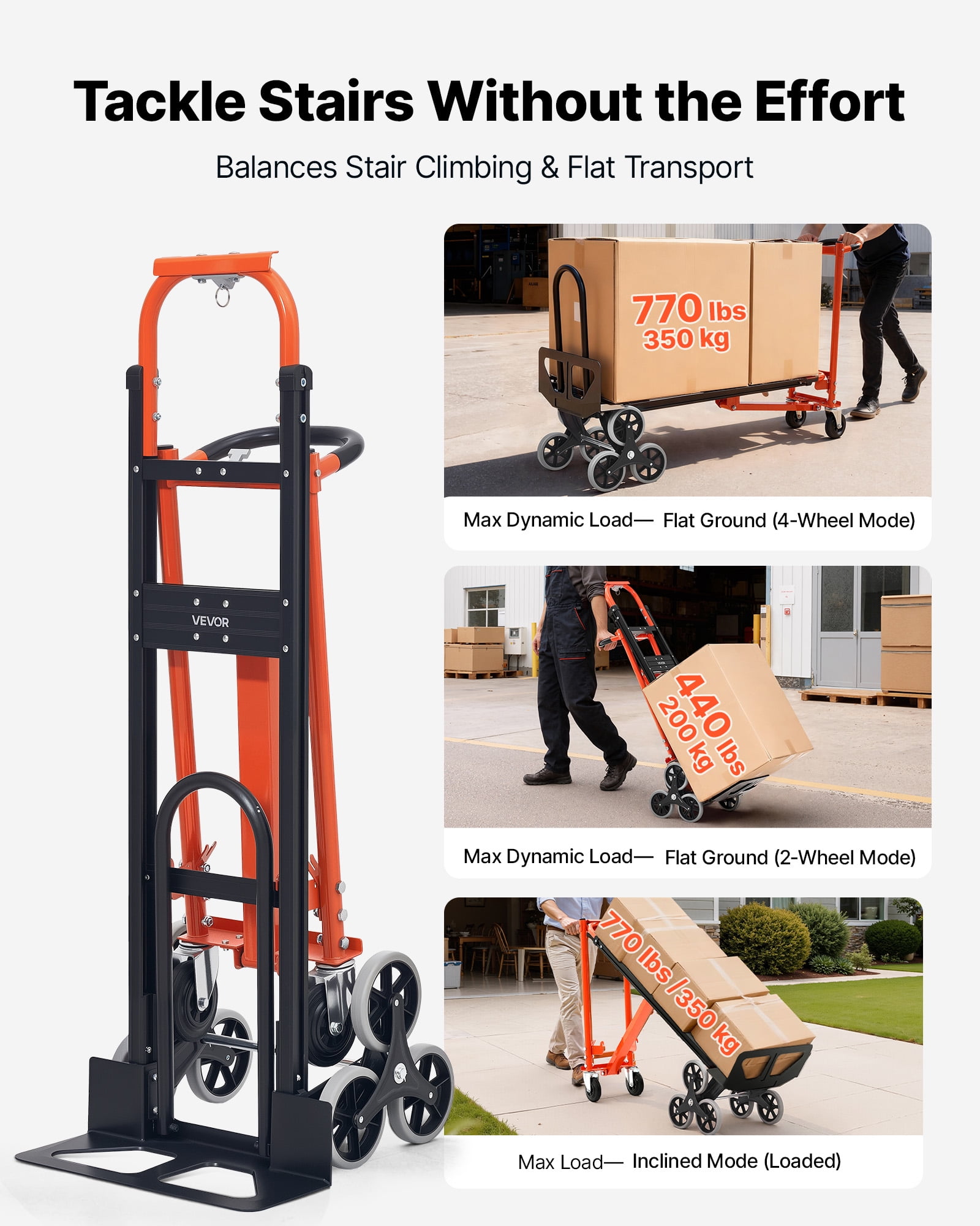 VEVOR 3 in 1 Industrial Convertible Stair Climbing Cart, 770 lbs Max Load, Folding Hand Truck Dolly with Handle & Wheels, Stair Climbing Utility Trolley for Transport & Moving, Orange & Silver