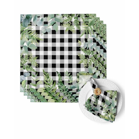 Cloth Napkins Summer Rustic Eucalyptus Leaf Washable Soft Kitchen Dinner Napkin Set of 4,Black White Buffalo Plaid Reusable Cocktail Napkins for Wedding Holiday Party Event,20x20In