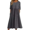 thumbnail image 2 of IDALL Summer Dresses,Petite Dresses Women's Fashionable Loose Cotton And Linen Round Neck Half Sleeved Midi Dress Linen Dress,Modest Dresses,Womens Dresses Gray Dress L, 2 of 6
