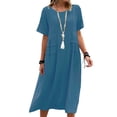 thumbnail image 1 of Bellella Robes Midi pour Femmes Col Rond Robe Longue Manches Courtes Robe d'Été Décontractée Chemise d'Été Dames Bleu m, 1 of 1
