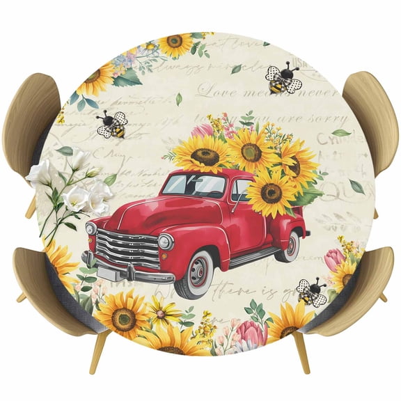 Yellow Sunflowers Round Tablecloth 55-60 Inch Round Fitted Table Cloth with Elastic Edge, Spring Red Car Vintage Farmhouse Waterproof Table Cover Protector for Outdoor Picnic Party Dining