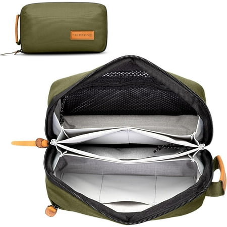 Tech Bag Organizer - Small Electronics Organizer Pouch for Travel - Premium Travel Case with Leather Accents - Mesh Pocket for Cables Cords and Chargers (Green)