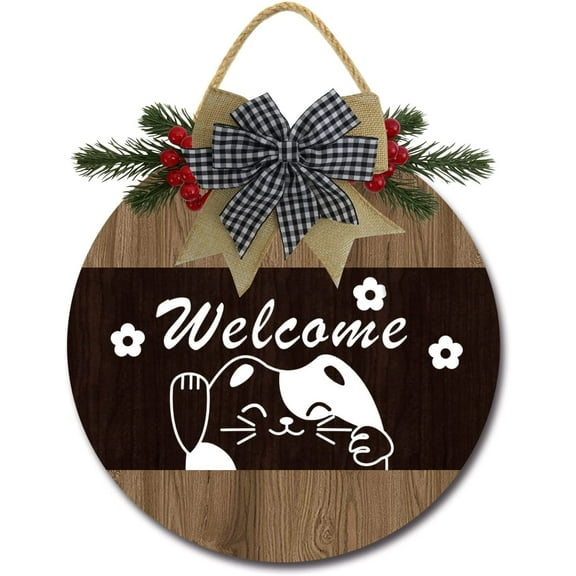 Eveokoki 12" Welcome Cat Sign for Front Door Farmhouse Porch, Rustic Round Wooden Hanging Wreaths for Housewarming gift Christmas Festival Decoration Wall Decor Outdoor Indoor