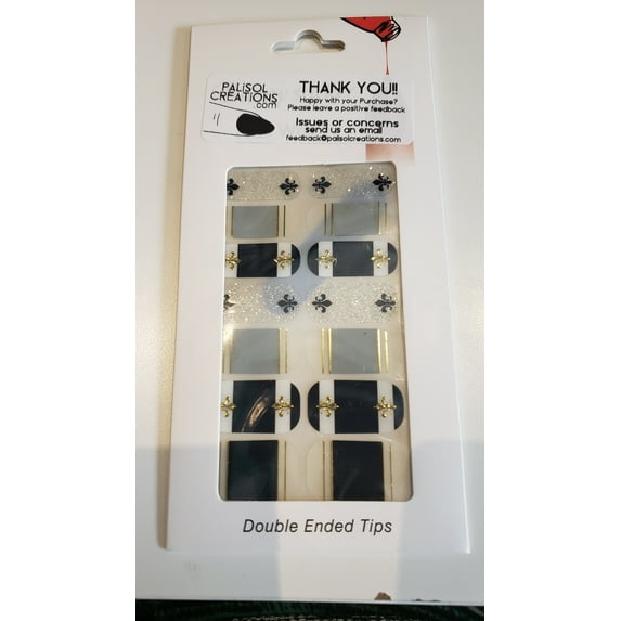 Fleur de Lys Full set of 20 fingernail wraps, black, white and gold w/crest nail art. Sparkly yet a modern sophisticated look. Quebec Collent pour ongles