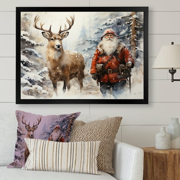 Designart "Winter Wonderland Santa and His Deer" Animals Framed Wall Art Decor - Modern Farmhouse Red Deer Entryway Framed Wall Art Print
