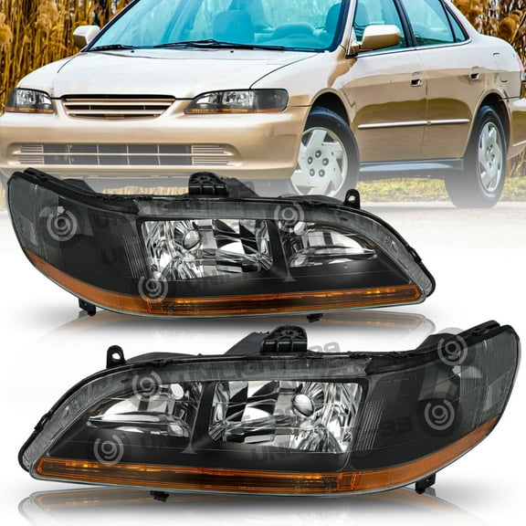 For 1998-2002 Honda Accord Black Amber Corner Headlights Assembly Pair