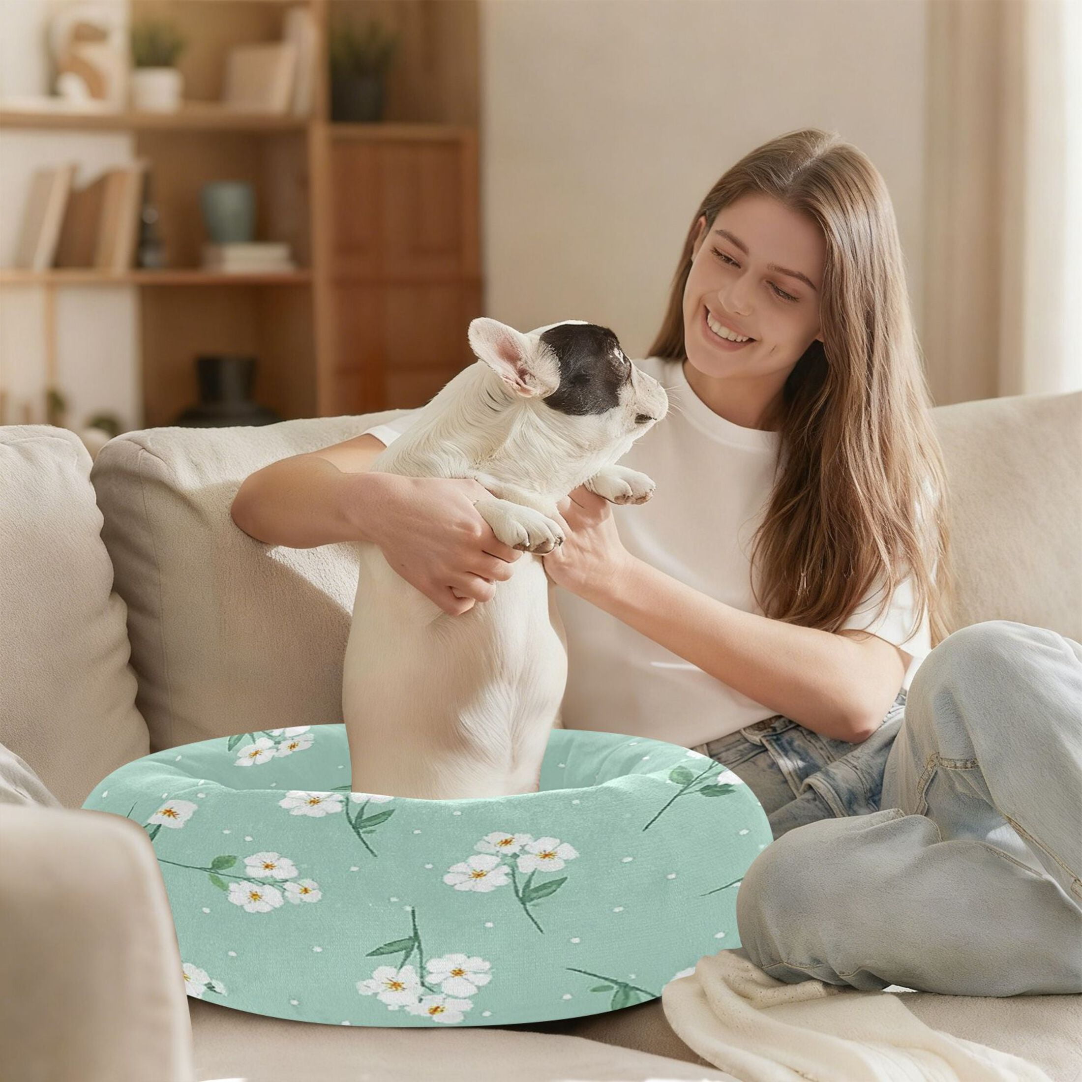 Iauyy Pet Couch Donut Cat Bed for Indoor Cats/Small Dogs Washable & Machine with Non-slip Bottom Calming Cat Furniture, Small White Flowers (M)