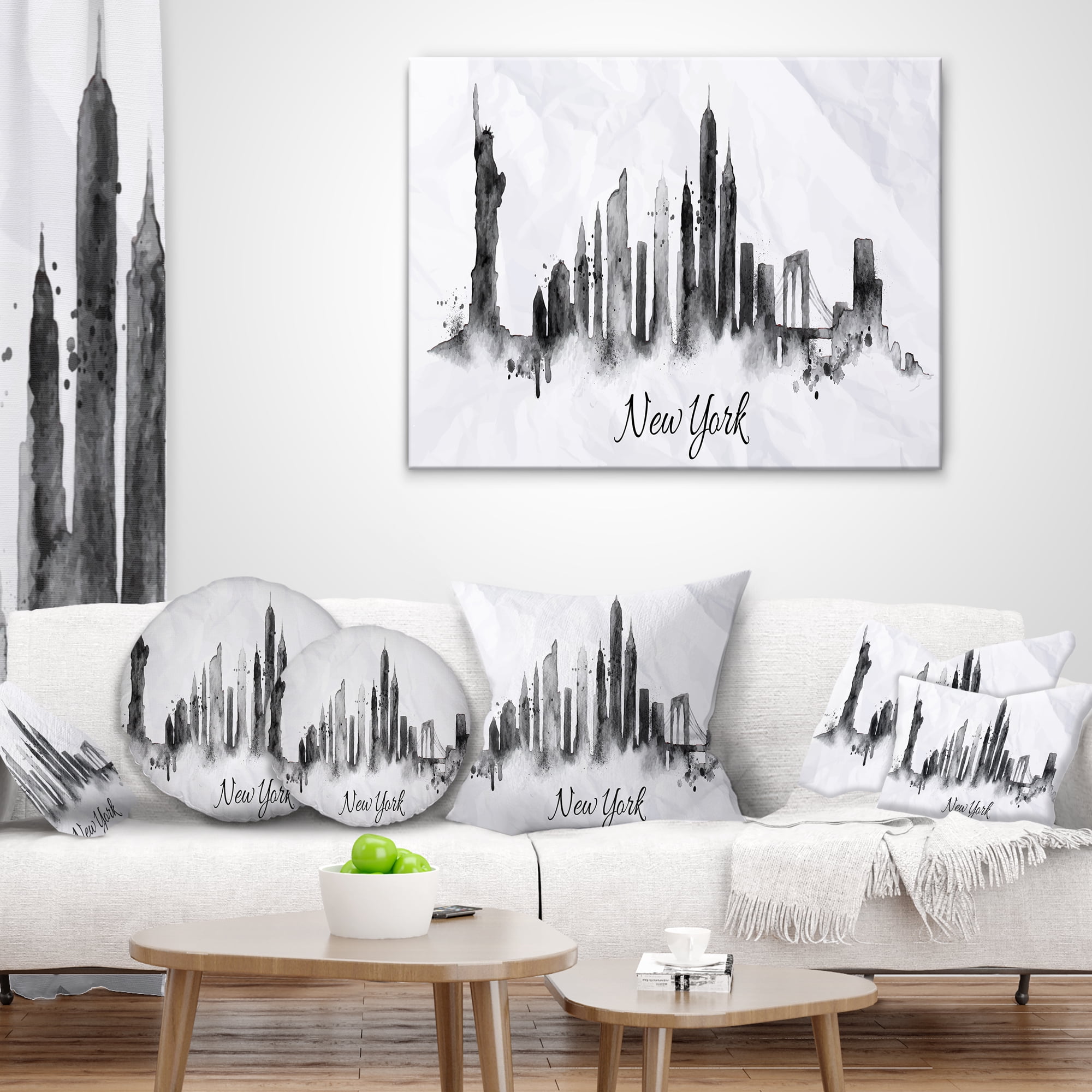 Designart Silhouette Ink New York - Cityscape Throw Pillow - 16x16