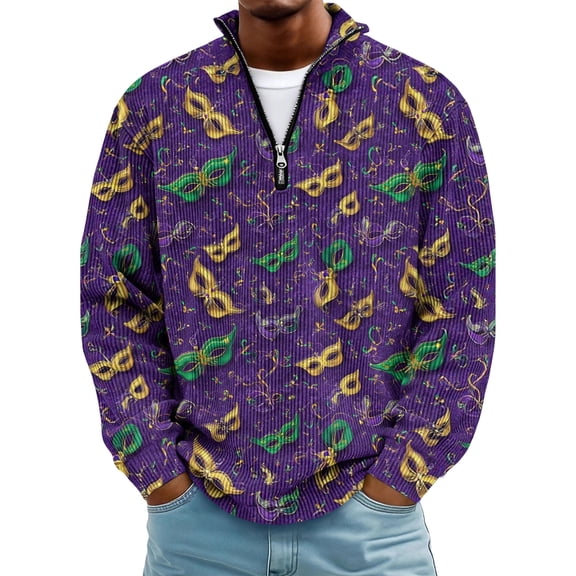 LNZGNM Men's Mardi Gras Shirt Quarter Zip Plus Size Carnival Graphic Printed Sweatshirts Stand-Up Collar Long Sleeve Tops Casual Carnival Outfits,Dark Purple 4XL