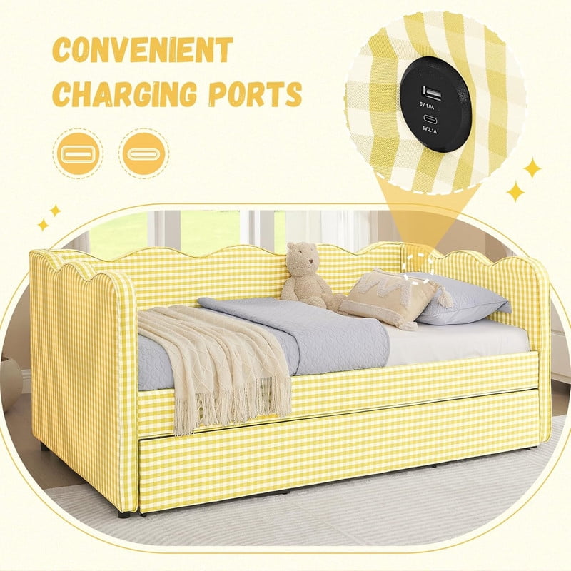 Twin Size Upholstery Daybed with Trundle and USB, Twin to King Design Adorable Wave Shaped Extendable Linen Sofa Bed Cozy Gingham Daybed, for Living Room and Bedroom