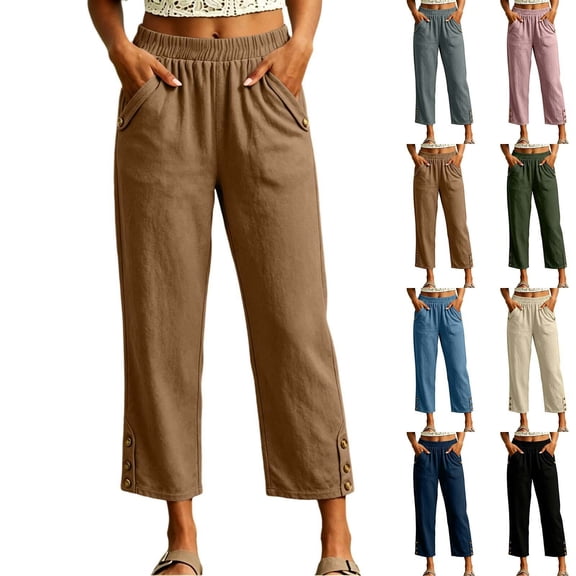 Capri Pants for Women Straight Leg Elastic Waist Comfy Cotton Blend Lounge with Pockets Khaki Loose Cropped Size L