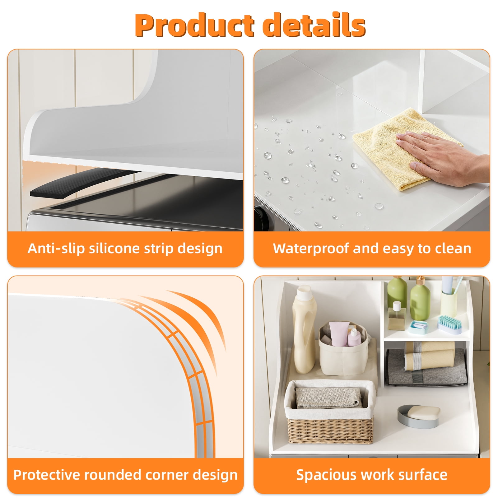 Universal Laundry Washer & Dryer Countertop,Storage Rack, 110lb Load Capacity, 27.5" Wide Folding Surface with Anti-Slip Silicone & Rails, Easy DIY Assembly