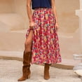 thumbnail image 6 of Women’s High Waist Maxi Skirt with Leaf Print Elastic Waistband Tiered Flowy A Line Long Skirt for Casual Wear Vermilion M, 6 of 6