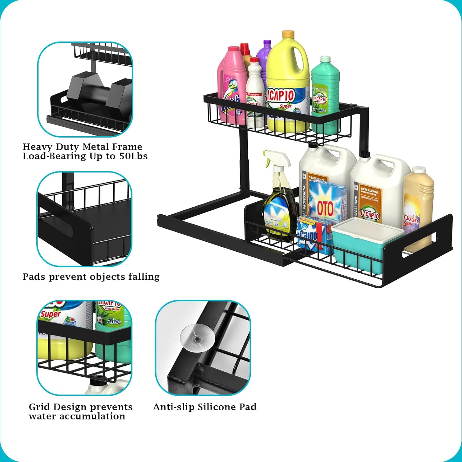2 Pack Under Sink Organizer and Storage, Pull Out Cabinet Organizer Slide Out Sink Shelf Cabinet Storage Shelves, Under Sink Storage for Kitchen Bathroom Cabinet