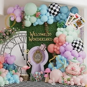 Wonderland Balloon Arch PresNok Garland Kit 155pcs Pastel Balloons with Teapot Checkered Flag Mylar Balloon for Fairy First Birthday Tea Party Onederland Birthday Party Decoration