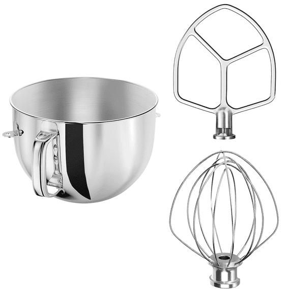 Stainless Steel 3-Piece Mixer Set for KitchenAid 6QT Bowl-Lift Stand Mixers, Includes Mixing Bowl with Handle, Flat Beater & Whisk Attachment, Heavy Duty & Dishwasher Safe