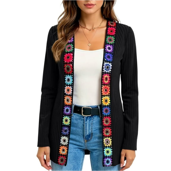 CharmCyan Women's Casual Bohemian Style Floral Applique Cardigan Knitted Long Sleeve Jacket Black L