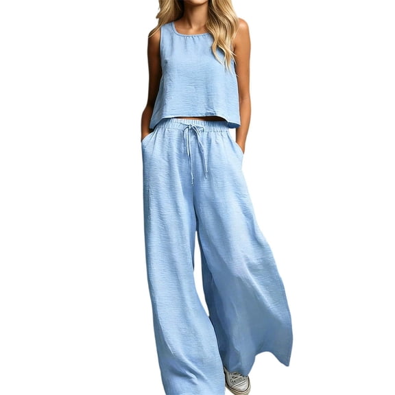 Lounge Sets for Women Two Piece Outfits Summer Round-Neck Sleeveless Top and Long Pants Casual Loose Sets