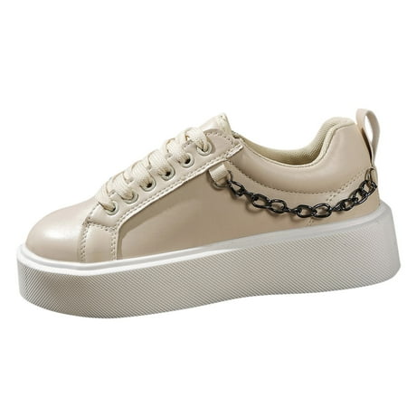 

XINSHIDE Shoes Fashion Autumn Women Casual Shoes Flat Bottom Thick Sole Round Toe Lace Up Chain Solid Color Comfortable Leisure Shoes