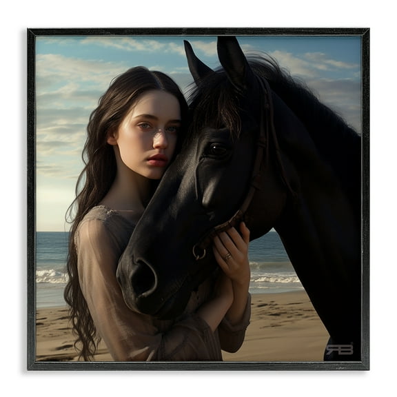 Stupell Industries Beautiful Girl & Stallion People Painting Black Framed Art Print Wall Art, 12 x 12