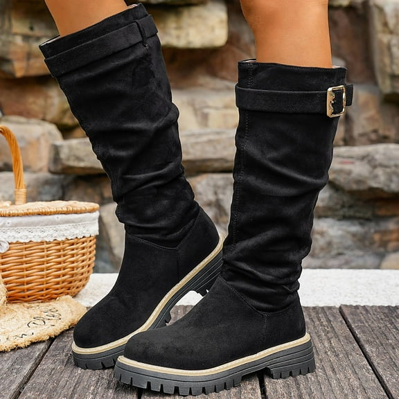 Tawop Womens Boots Sale Under 20 Fashion Casual Style Tall Boots Solid Color Buckle Round Toe Heel Mid Calf Boots Winter Boots for Women