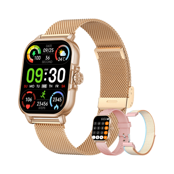 Smart Watch fits for Android and IPhone, Suitable for Women Men 100 Sports Modes 2" Fitness Tracker, with Answer/Make Calls/Message Reminder, Waterproof, Gold (3 watch straps)