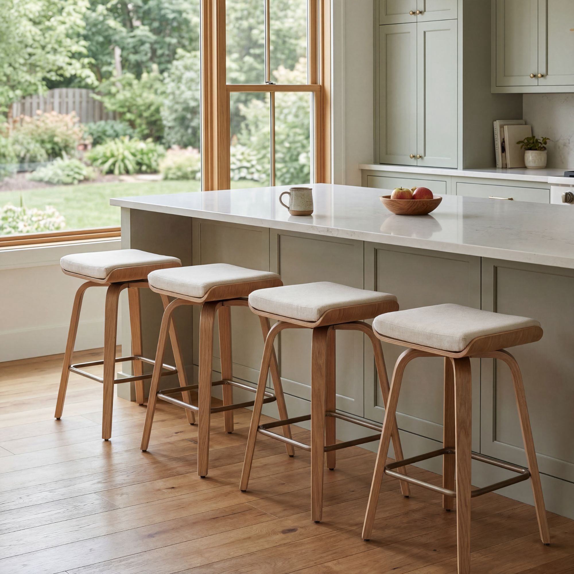 Guyou 26” Swivel Counter Height Bar Stools Without backrest, Upholstered Farmhouse Bar Stools with Footrest for Kitchen Island, Begie-Linen(Set of 4)