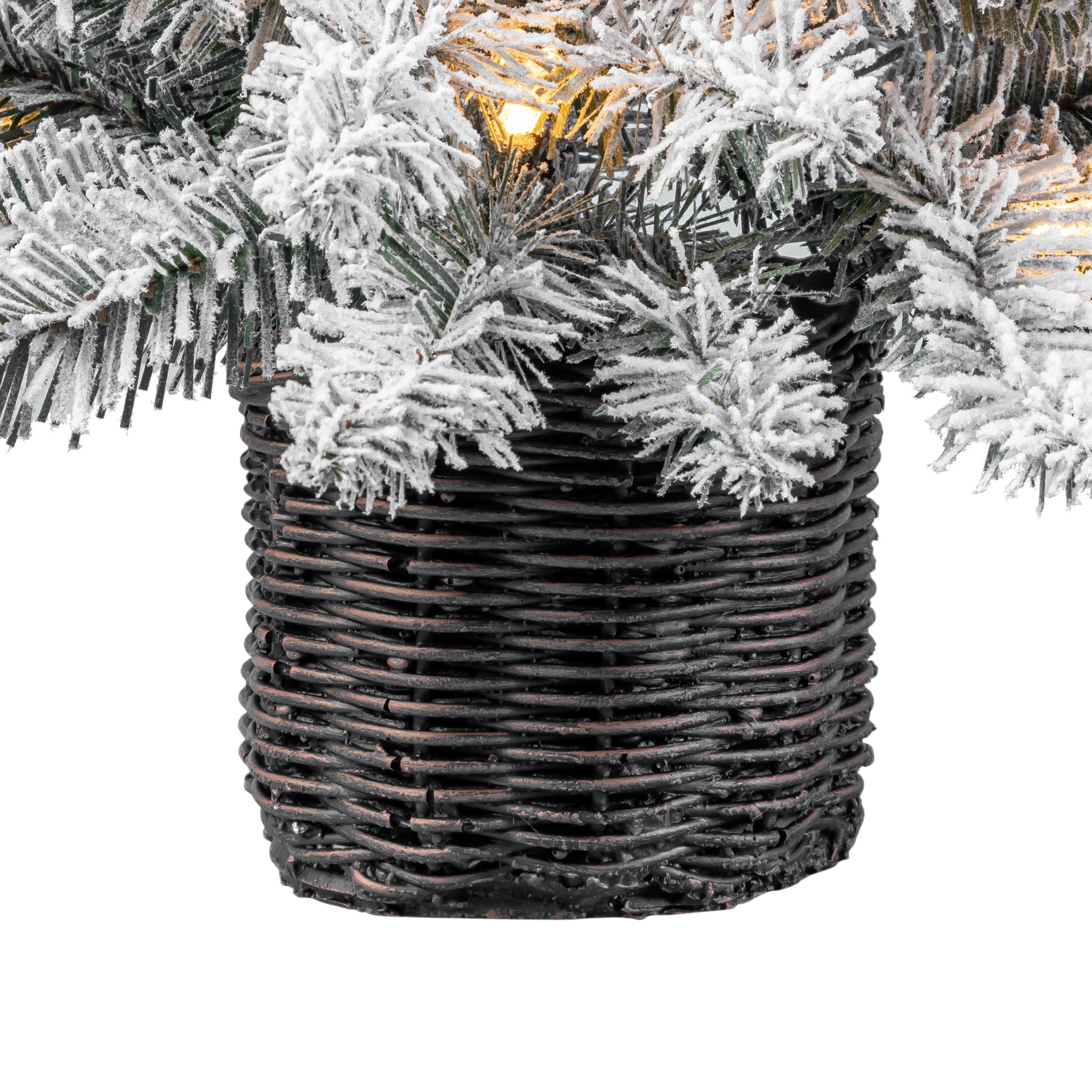 2' Small Pre-Lit Cooper Spruce Snow-Flocked Green Artificial Christmas Tree with 35 Warm White LED Lights in Woven Basket, by Holiday Time