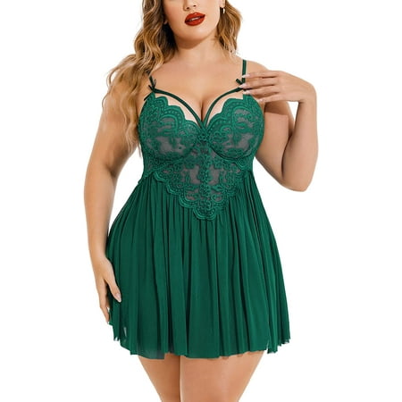

Avidlove Plus Size Lingerie Lace Babydoll Womens Strap Chemise Nightgown V Neck Nighty Mesh Sleepwear Side Slit Nightdress（Dark Green，3XL)