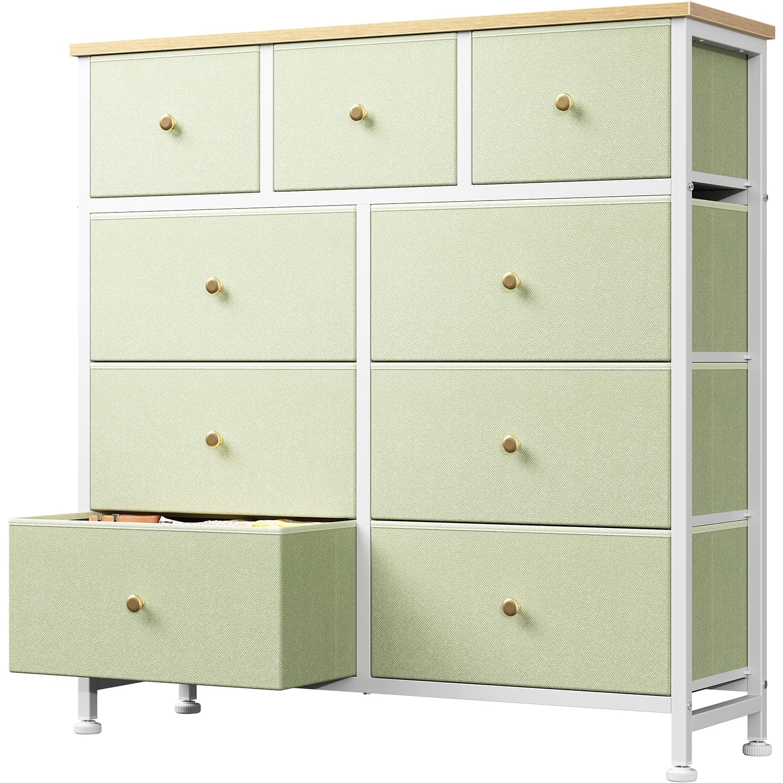 Telyra 9-Drawer Fabric Dresser Tall Storage Tower with Wood Top and Steel Frame Bedroom Closet Organizer, Light Green