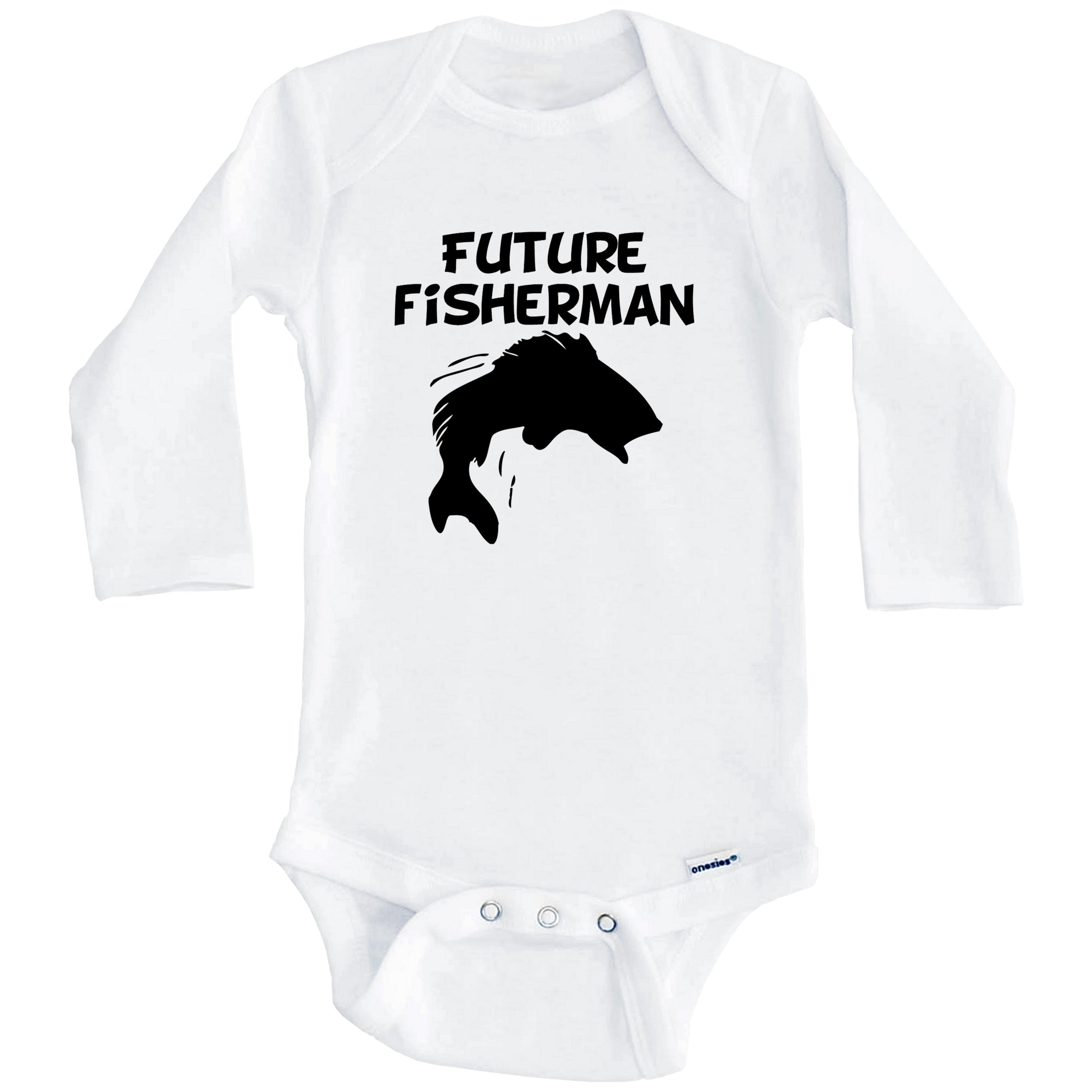 Future Fisherman Fishing One Piece Baby Bodysuit (Long Sleeve), 3-6 Months White