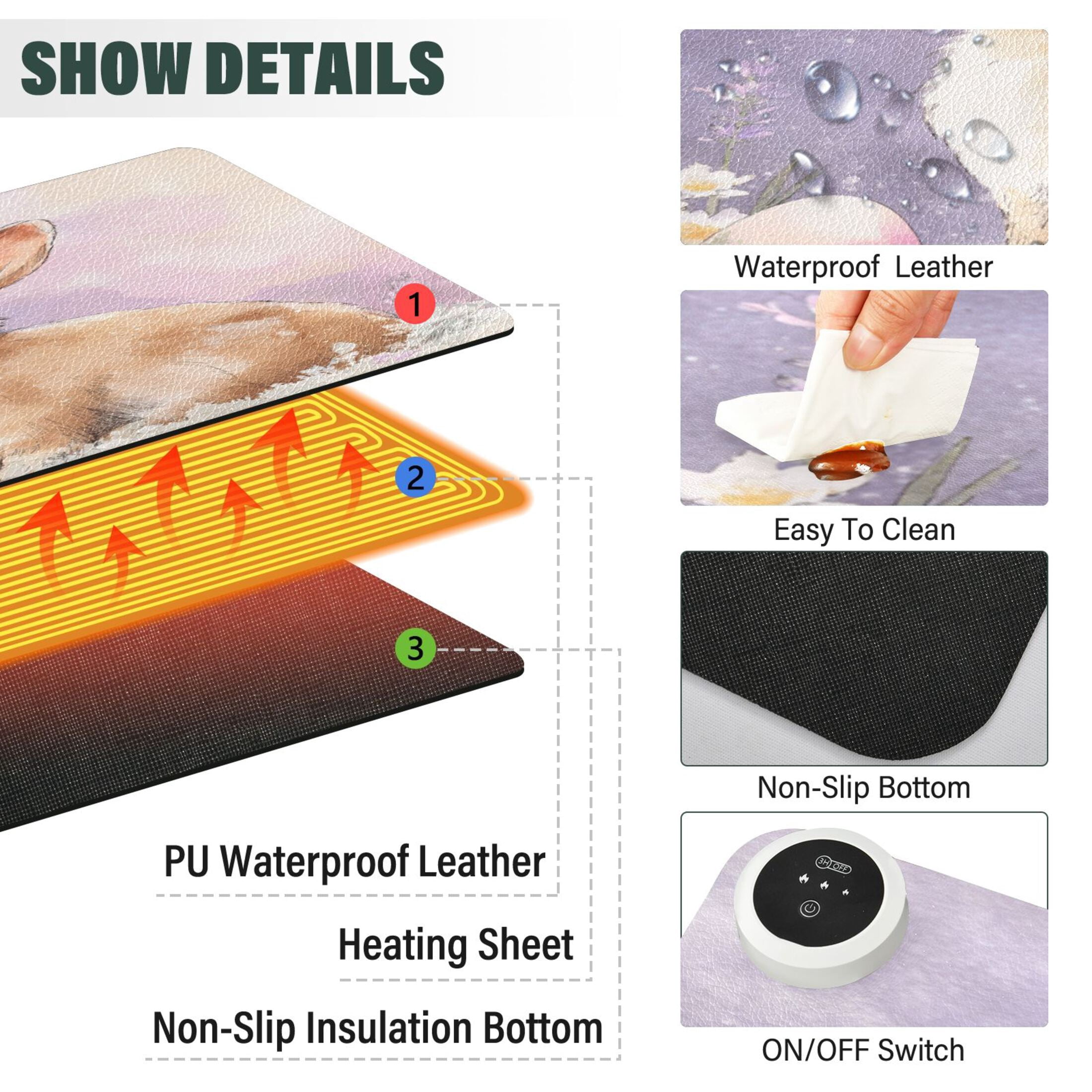 Large Heated Desk Mat Mouse Pad 31.5"x13"PU Leather Graphene Heating Desk Warmer with 3 Temperature Settings 110V US Plug Non-Slip Warm Pad for Home, Office, and Gaming Bunny with Purple Butterfly
