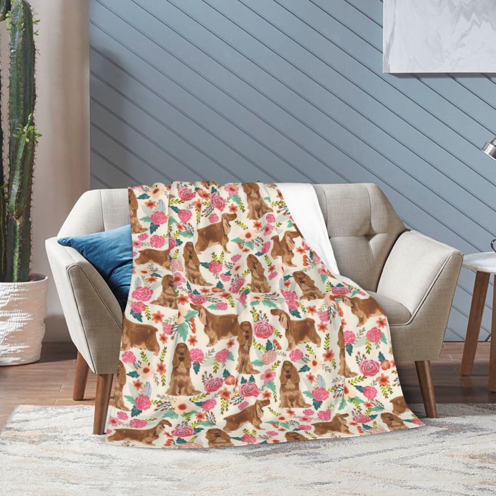 Wijzvio Spaniel Dogs Lovers Flower Floral Throw Blanket Soft Fuzzy Fleece Blanket For Couch Bed Living Room Decoration 80"X60"