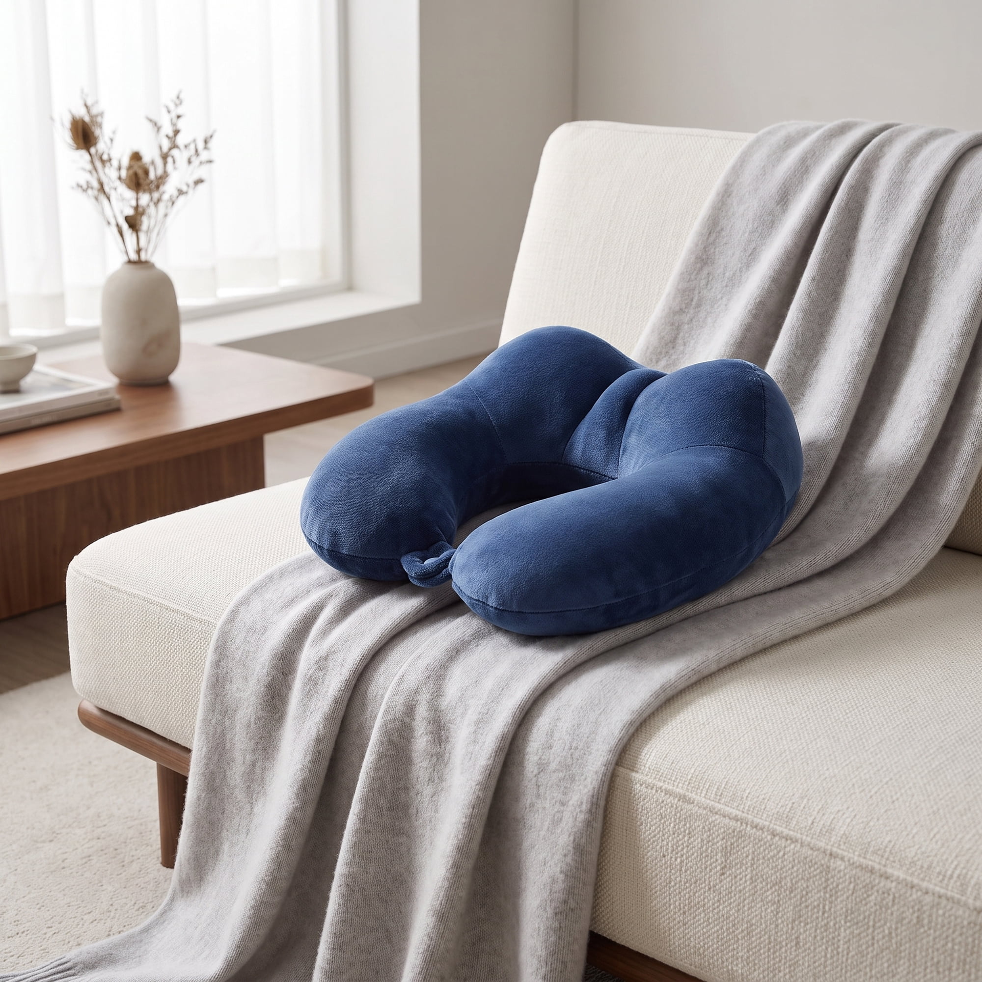 Unique Bargains Memory Foam U Shape Travel Neck Pillow Snap Closure Navy blue 12"x11"x5"