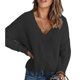 thumbnail image 5 of Suéter de punto de manga larga con cuello en V para mujer, suéter holgado informal a la moda para otoño e invierno con hombros descubiertos, suéter negro XL, 5 of 6